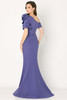 Off-shoulder back view shows structured fit and layered rose shoulder with crystal edging