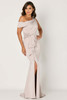 Blush-toned gown with floral beaded waistband and draped off-shoulder style