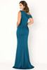 Back view of peacock Cameron Blake CB782 asymmetrical gown with sweep train