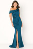Teal one-shoulder gown with beaded waist detail and cascading ruffle slit