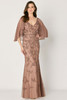 Embroidered mocha gown with flutter cape sleeves and beaded floral bodice