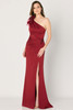 Asymmetrical one-shoulder gown with floral shoulder accent, side draping, and slit