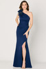 Chic one-shoulder gown with floral shoulder appliqué and flattering ruched waist