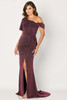 One-shoulder sparkle gown with ruched waist, side drape, and front slit