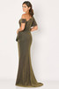 Dramatic sweep train and side-ruched fit highlight this metallic one-shoulder