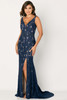 Navy lace gown with sleeveless V-neck and thigh-high slit for modern flair