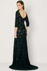 Scoop back and allover lace stretch to a subtle train and beaded waistband