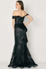 Floral lace train cascades from a structured peplum and open shoulder-back.