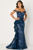 Navy sequined lace gown with sweetheart neckline and dramatic tiered lace peplum
