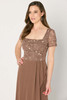 Intricate floral beading shines across a square neckline and softly ruched waist