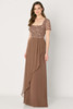 Mocha gown with sheer floral sleeves and cascading chiffon overlay skirt