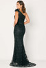 Back view of black Cameron Blake CB796 gown with semi-sheer lace train