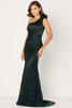 Front view of black Cameron Blake CB796 one-shoulder lace mother of the bride dress