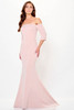 Blush off-shoulder gown with three-quarter sleeves and sculpted mermaid silhouette