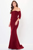 Burgundy off-shoulder gown with paneled bodice and soft trumpet flare