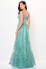 Sheer embroidered back and flared hem define this romantic seafoam design