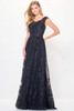 Front view of black Cameron Blake CB3240 lace A-line mother of the bride dress