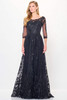 Front view of black Cameron Blake CB3240 lace gown with detachable three-quarter sleeves
