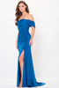 Teal gown with gathered waist and sweeping slit skirt