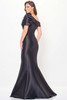 Off-shoulder black satin gown with puff sleeve and flared hemline