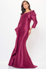 Dramatic berry mermaid gown with beaded shoulder detail and tailored sleeve option