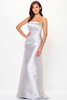 Strapless silver gown with asymmetrical pleating and sleek satin finish