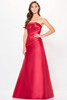 Radiant red satin gown features a pleated strapless bodice and flowing skirt