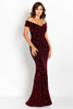 Bold red shimmer foliage and sweetheart neckline define this curve-hugging gown