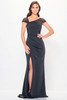 Asymmetric pleated bodice and sheer cap sleeves shape this sleek gown