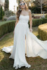 Front view of 7901 wedding dress without sleeves showing thigh-high slit
