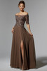 Front view of cappuccino Morilee 72907 A-line mother dress with chiffon skirt