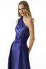 Close-up of sapphire Morilee 73003 beaded lace one-shoulder bodice