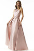 Front view of blush Morilee 73003 satin mother dress with one-shoulder neckline