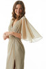 Close-up of gold Morilee 73004 draped bodice and cape-style sleeve