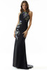 Front view of black multi Morilee 73006 halter mother dress with floral embroidery