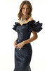 Close-up of navy Morilee 73013 off-the-shoulder ruffle neckline