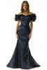 Front view of navy Morilee 73013 jacquard mother dress with ruffle sleeves