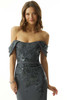 Close-up of steel Morilee 73018 off-the-shoulder embroidered bodice