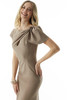 Close-up of taupe Morilee 73022 beaded shoulder bow and bateau neckline