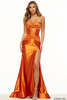 Front view of 56161 prom dress in orange with ruched bodice and skirt