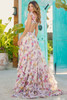 Back view of 56084 prom dress with floral chiffon and cascading ruffles