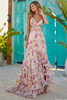 Front view of 56084 prom dress with gathered bodice and layered chiffon ruffles