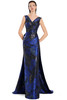 Navy floral jacquard gown with V-neckline and sophisticated mermaid silhouette.
