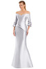 Sophisticated silver-gray version with elegant ruffle sleeve embellishments and mermaid hem.