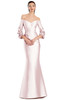 Soft blush pink colorway with off-shoulder styling and romantic ruffle sleeves.
