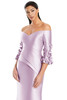 Lavender version featuring sweetheart neckline and cascading ruffle sleeve details.
