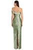 Refined back view showcasing subtle back slit and shimmering metallic fabric.