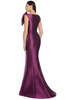 Back view of satin dress featuring dramatic train and sophisticated design details.
