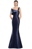 Navy fit-and-flare gown with off-shoulder wrap and floral shoulder embellishment.