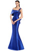Sculpted one-shoulder mikado gown with dramatic overlay and fit-and-flare silhouette.